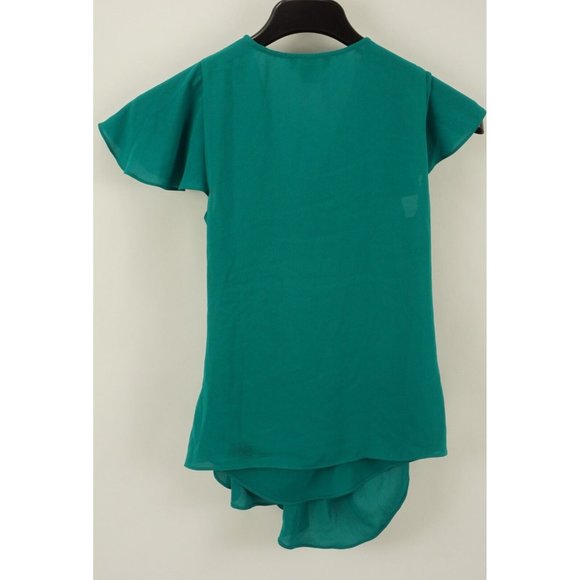 Trouve Women's Size XXS 2XS Dark Teal Green Chiffon Wrap Front V-Neck Top - Picture 2 of 5